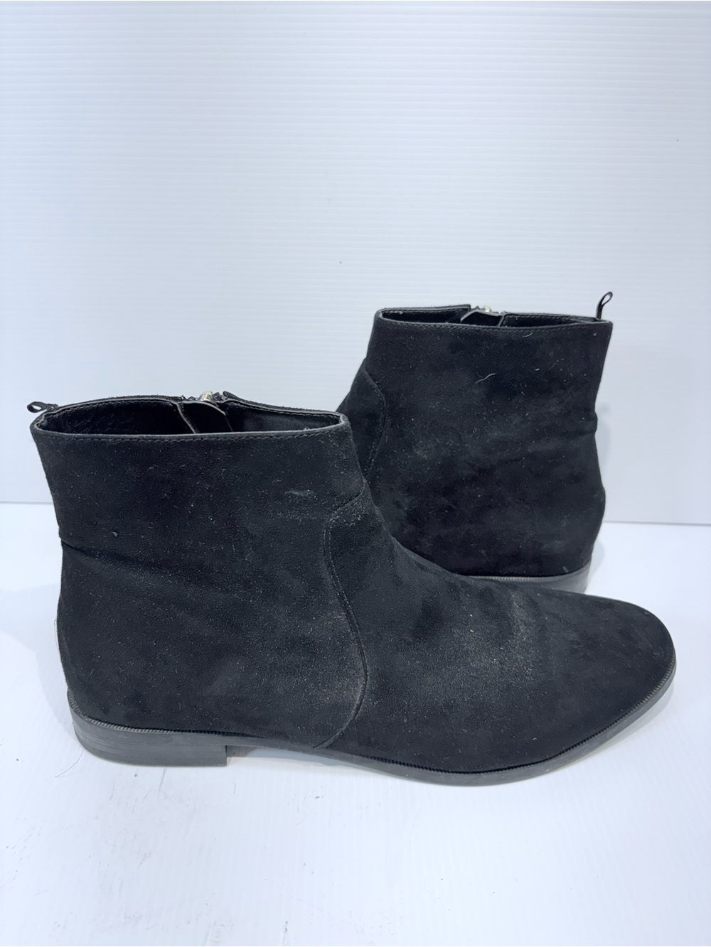 H&M Black Suede Ankle Booties with Side Zip, Low Heel - Size 9.5 (EU 41)